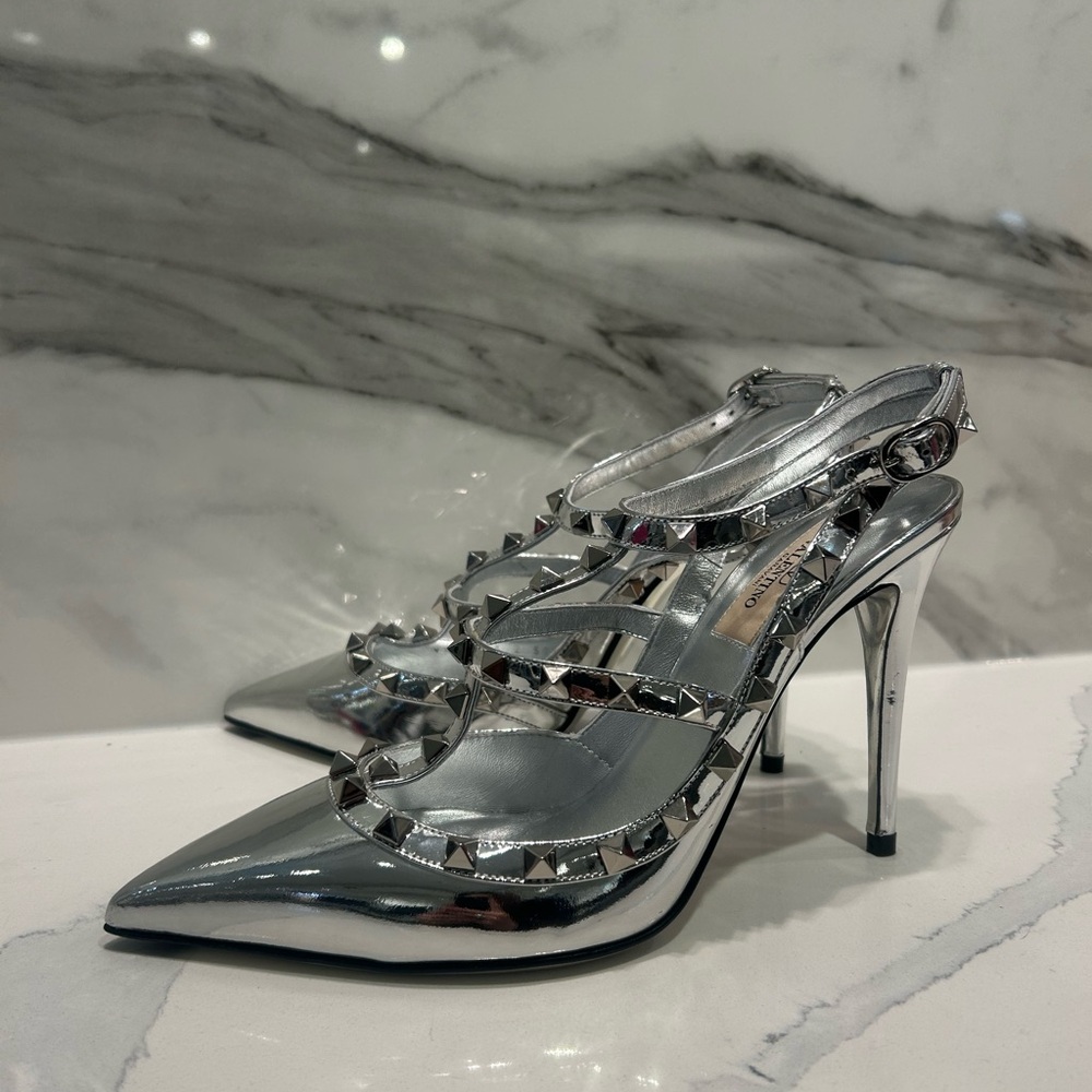 Valentino Silver Metallic Rockstud Pointed Slingback Heels - Picture 4 of 8